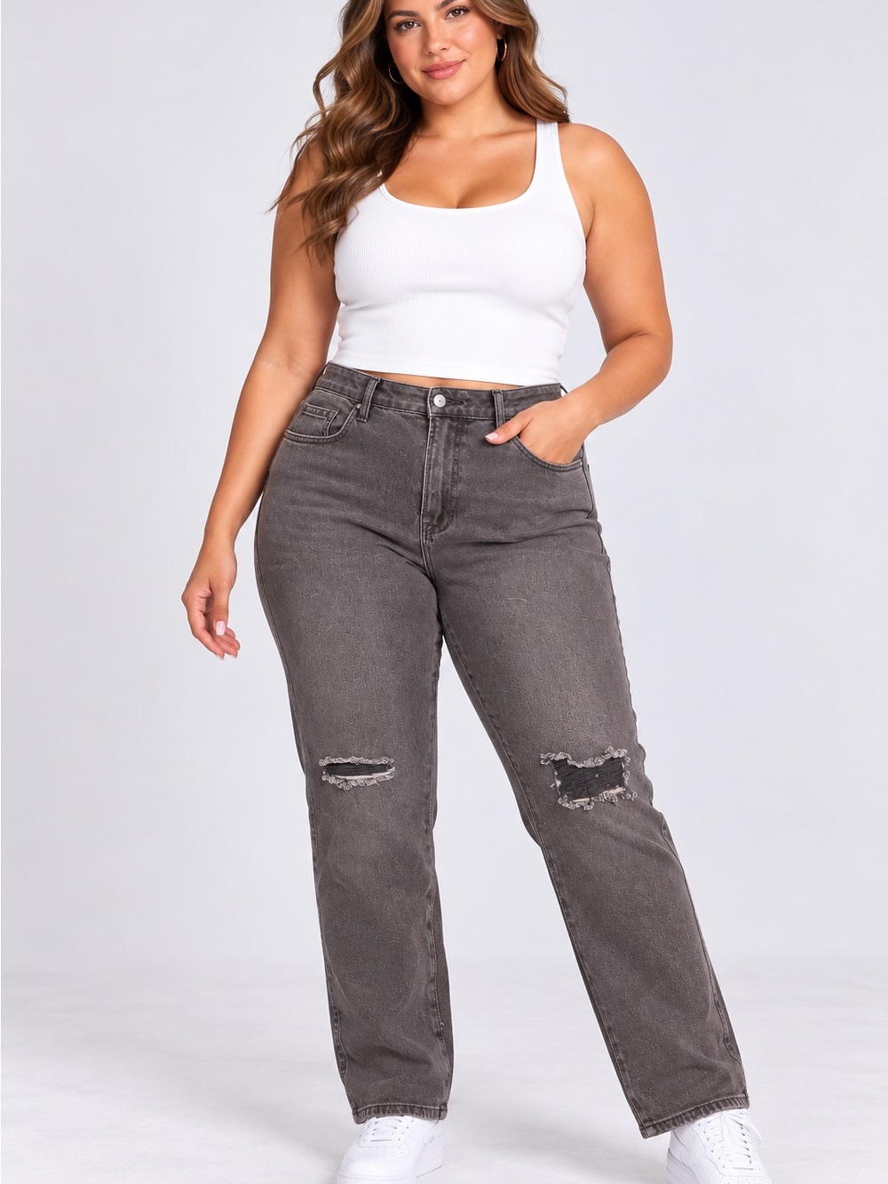 🆕🎉NWT Good American “Good Curve” Straight Leg Distressed Jeans - Charcoal